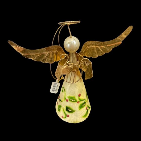 Gold Metal & Abalone Angel Ornament with Hand-Painted Holly Design by Pier 1 - Picture 1 of 11